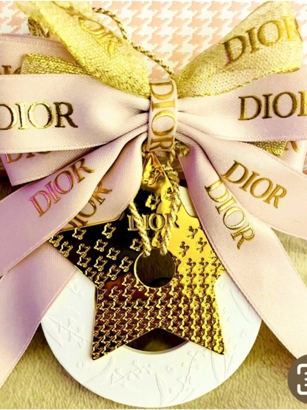Gorgeous Dior Gold Star and Pink Ribbon with Gold Logo Ornament, New!
